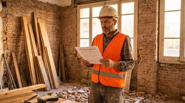 Autónomo con casco y chaleco revisando póliza de seguro en obra de reforma