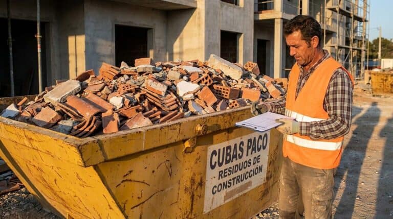 Autónomo revisando formulario de gestión de residuos junto a contenedor de escombros en obra
