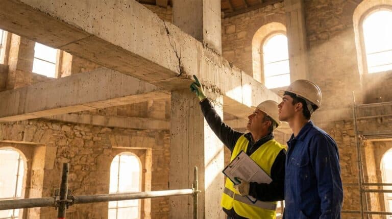 Autónomo revisando planos estructurales de edificio con documentación de garantía decenal sobre mesa de obra