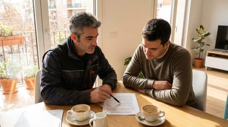Autónomo revisando presupuesto de reforma con anotaciones de revisión de precios en oficina