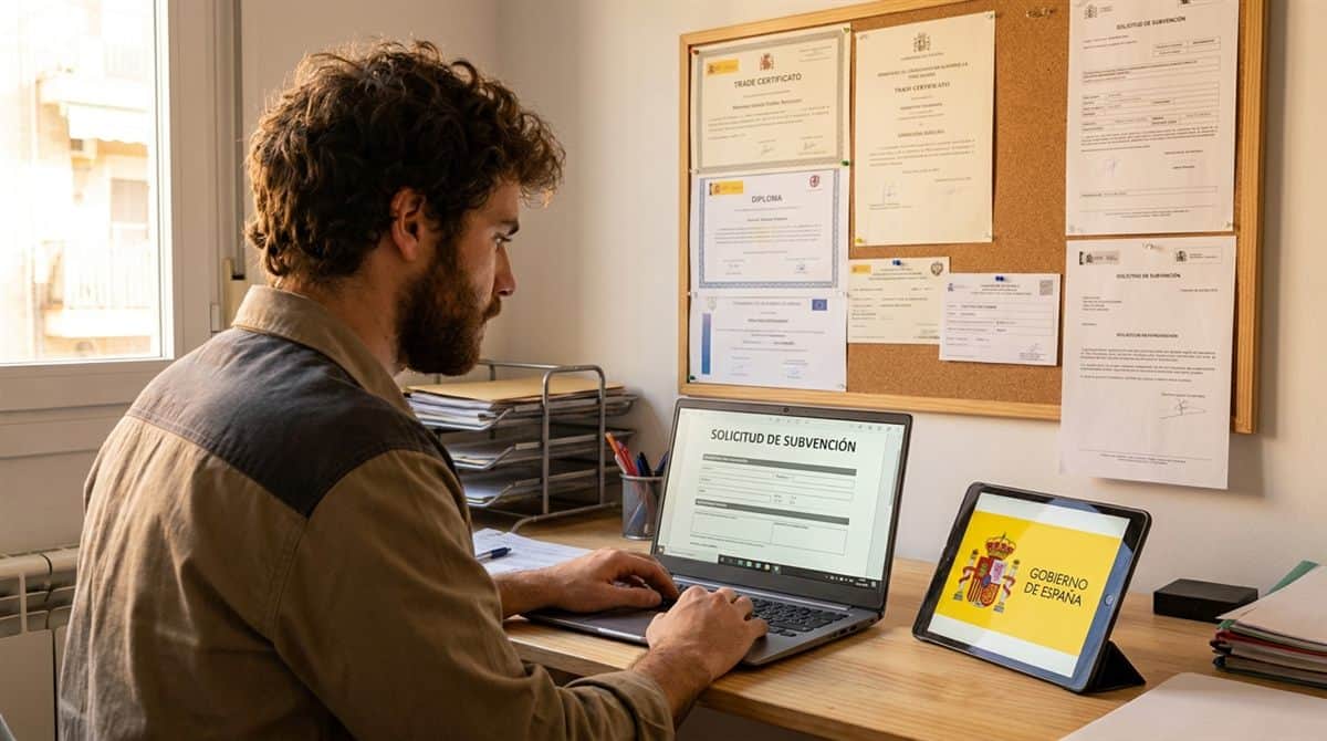Autónomo consultando ayudas y subvenciones en ordenador portátil desde su taller