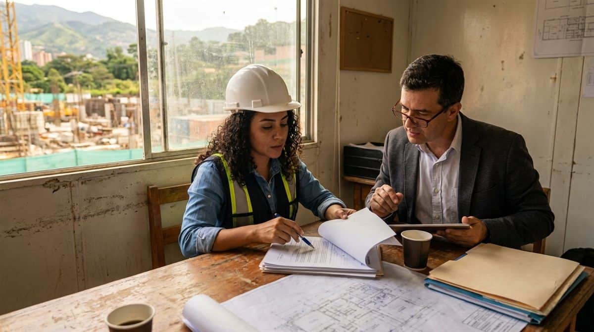 Contratista colombiana revisando polizas de contratistas Colombia con asesor en obra