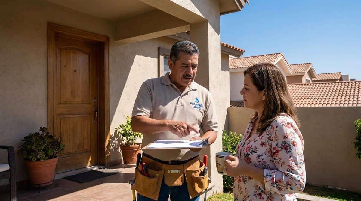 Contratista mexicano revisando garantias de trabajo en obra de remodelacion