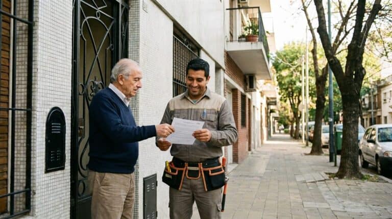 Plomero argentino y cliente revisando contrato de locacion de servicios en barrio residencial