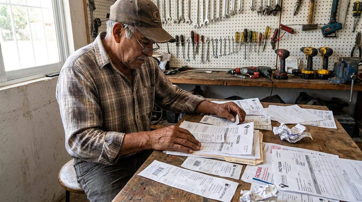 Contratista mexicano revisando facturas y gastos operativos en mesa de taller con herramientas