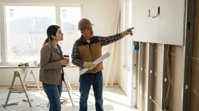 Contratista mexicano cotizando por avance de obra con planos y calculadora