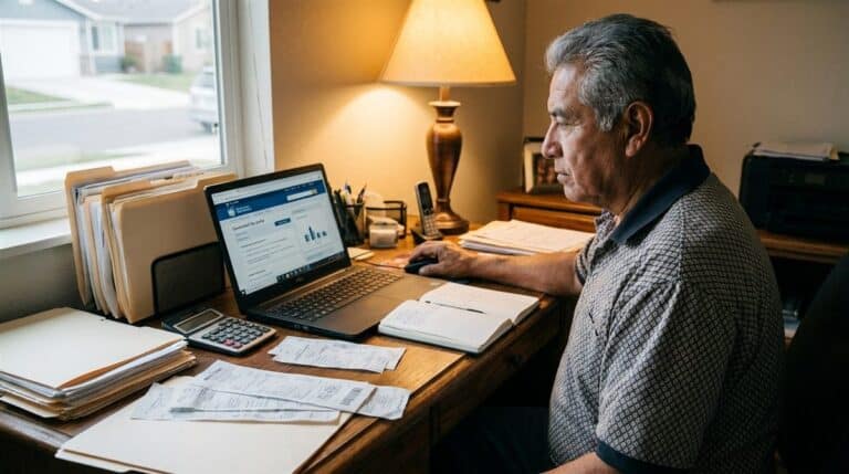 Contratista mexicano preparando declaración anual del SAT en escritorio con laptop y documentos fiscales