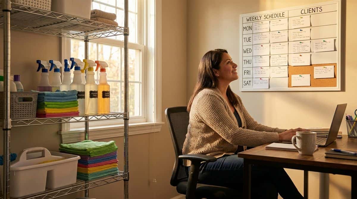 Dueña de negocio de limpieza planificando agenda semanal de clientes en oficina doméstica con insumos organizados