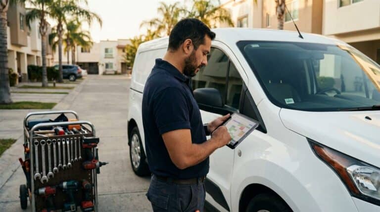 Contratista independiente latinoamericano revisando agenda de trabajo en tablet junto a camioneta comercial al atardecer