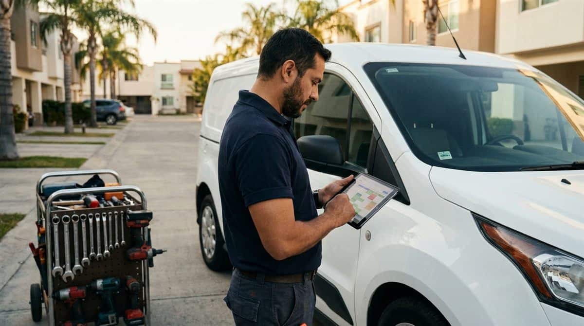 Contratista independiente latinoamericano revisando agenda de trabajo en tablet junto a camioneta comercial al atardecer