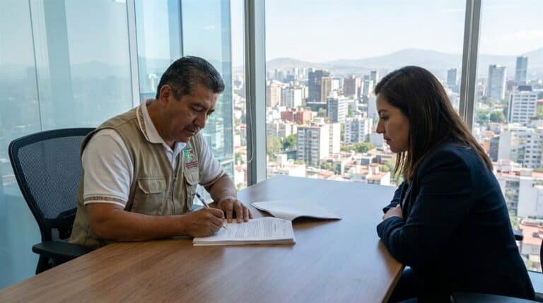 Contratista mexicano revisando documentos de fianza de cumplimiento de obra