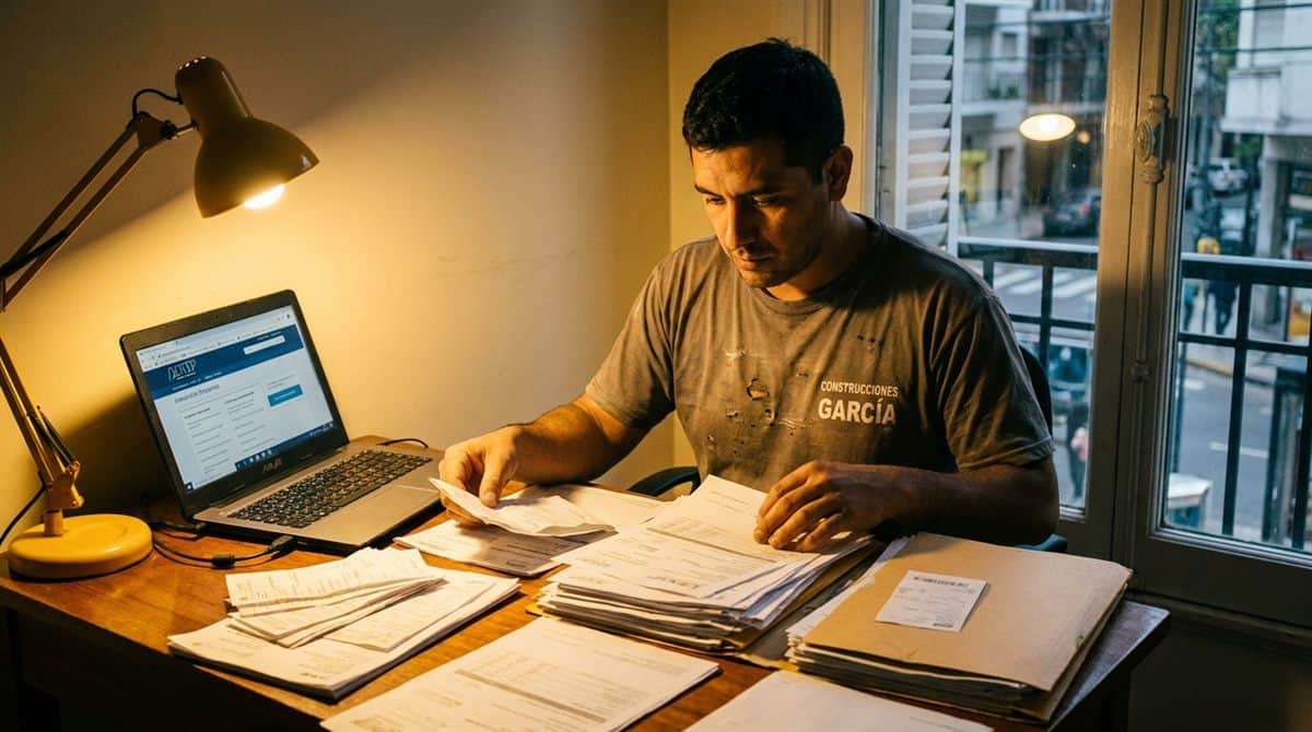 Contratista argentino organizando facturas de gastos deducibles para declaracion de Ganancias