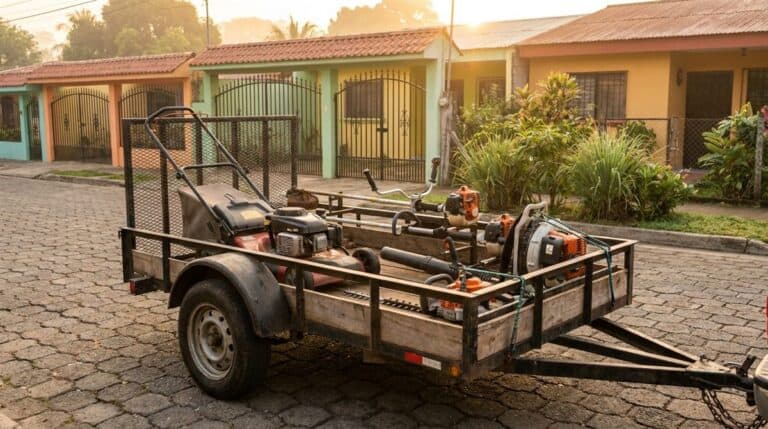 Remolque de trabajo con equipo profesional de jardinería estacionado en calle colonial latinoamericana al amanecer