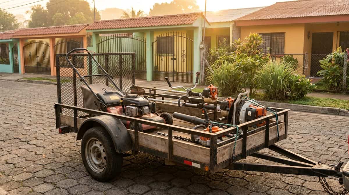 Remolque de trabajo con equipo profesional de jardinería estacionado en calle colonial latinoamericana al amanecer