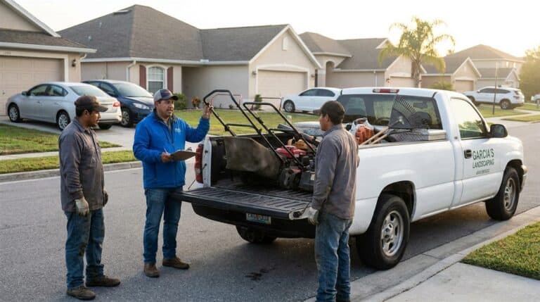 Líder de cuadrilla de jardinería dando instrucciones a trabajadores junto a camioneta al amanecer