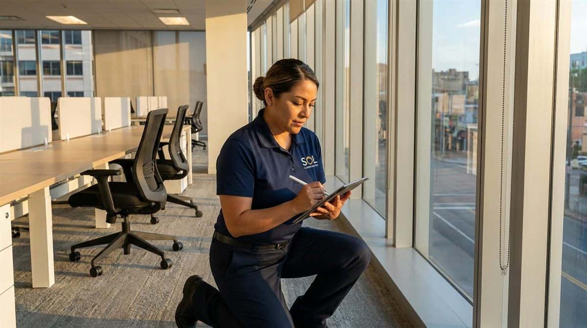 Dueña de empresa de limpieza inspeccionando espacio de oficina comercial vacío con tablet antes de cotizar