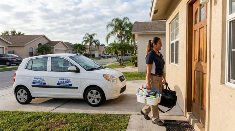 Profesional de limpieza latina llegando a casa residencial con caddy de productos y bolsa de equipo, auto con letrero de empresa en entrada