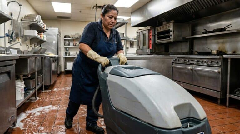 Trabajadora de limpieza profesional operando máquina fregadora industrial en cocina comercial con piso mojado