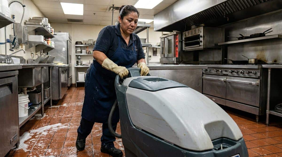 Trabajadora de limpieza profesional operando máquina fregadora industrial en cocina comercial con piso mojado