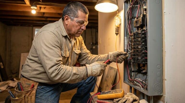 Electricista contratista mexicano revisando instalación eléctrica en tablero de distribución según NOM-001-SEDE
