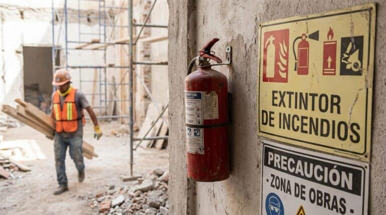 Extintor y equipo de prevencion de incendios en obra de construccion en Mexico