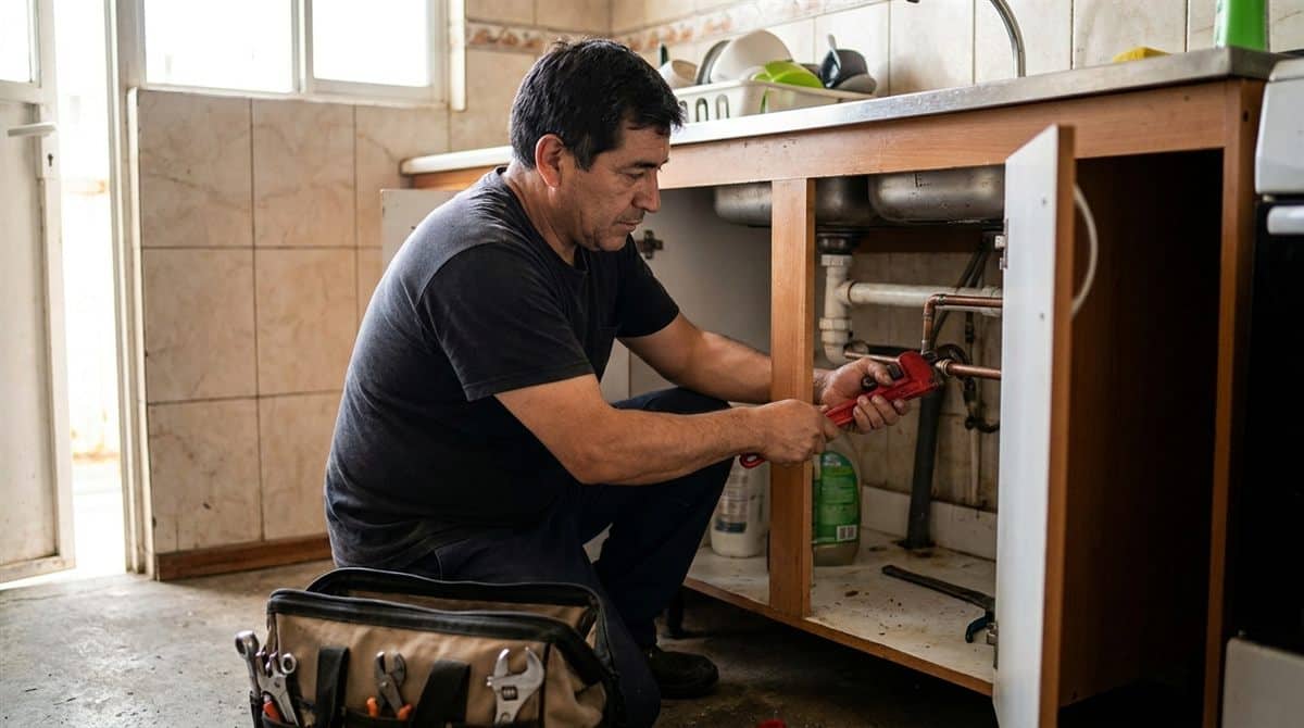 Gasfíter chileno reparando tuberías bajo el lavaplatos de una cocina