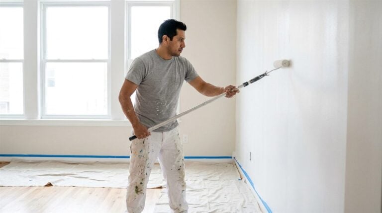 Pintor chileno aplicando pintura con rodillo en habitación en remodelación