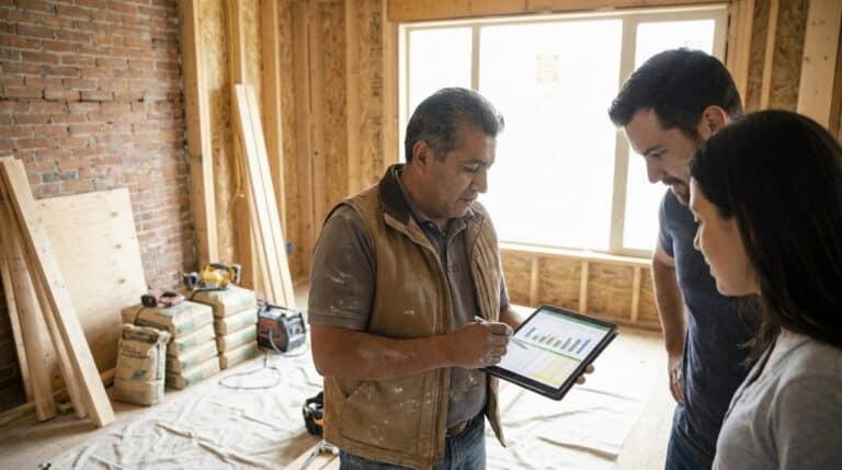 Contratista mexicano presentando presupuesto de remodelación a cliente en casa en proceso de renovación