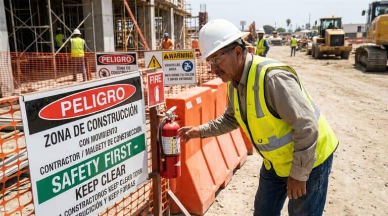 Contratista mexicano con casco y chaleco de seguridad revisando señalización de protección civil en obra