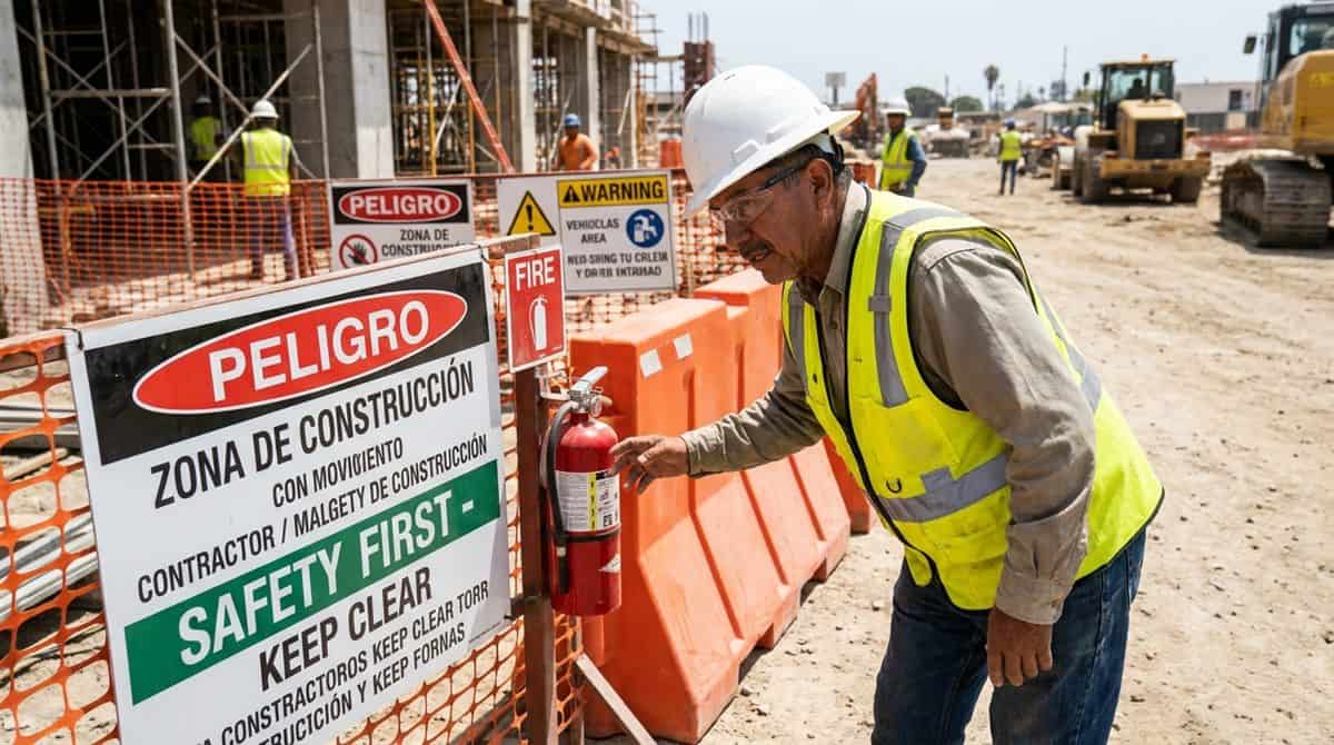 Contratista mexicano con casco y chaleco de seguridad revisando señalización de protección civil en obra