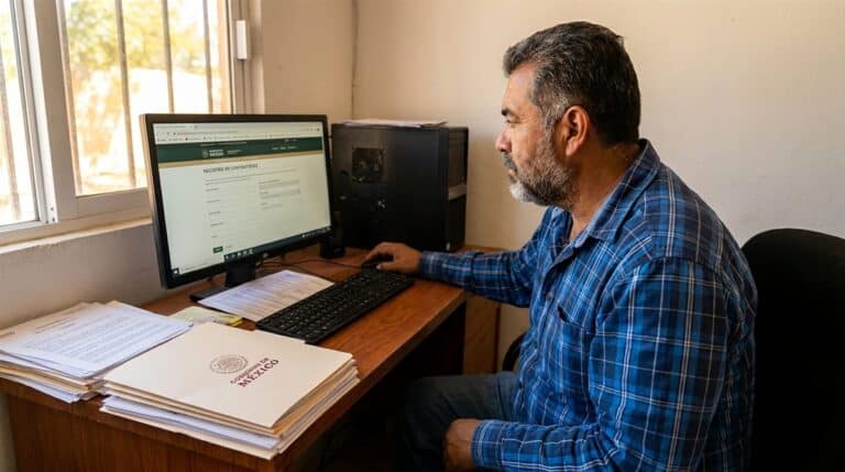 Contratista mexicano tramitando registro REPSE en computadora para prestar servicios especializados