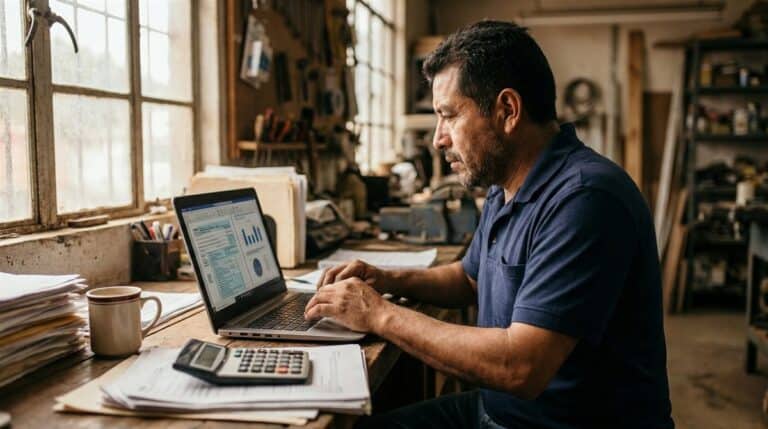 Contratista mexicano revisando régimen fiscal RESICO en laptop desde su taller de trabajo