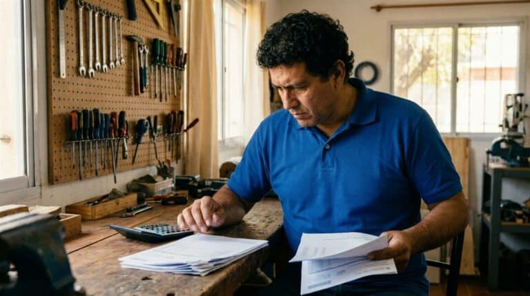 Contratista argentino comparando documentos de monotributo y regimen general en su taller