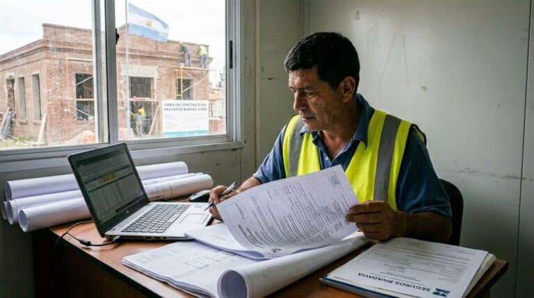 Contratista general argentino revisando documentacion de poliza de caucion en oficina de obra