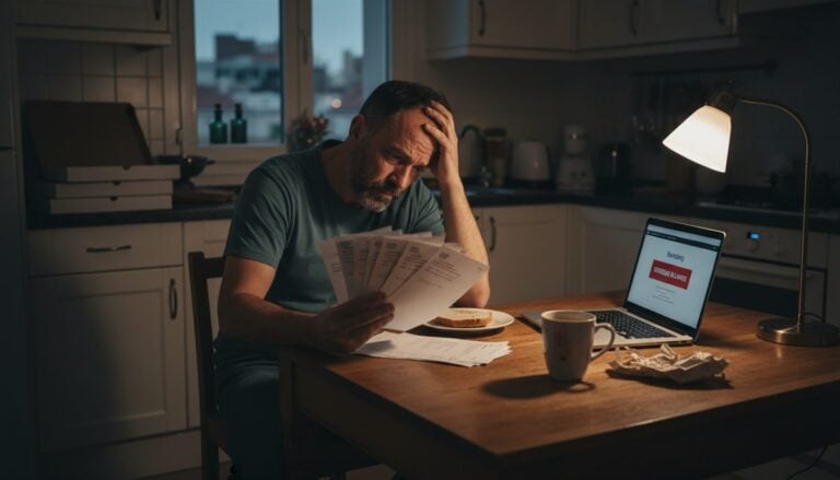Autónomo estresado revisando facturas impagadas de noche en cocina