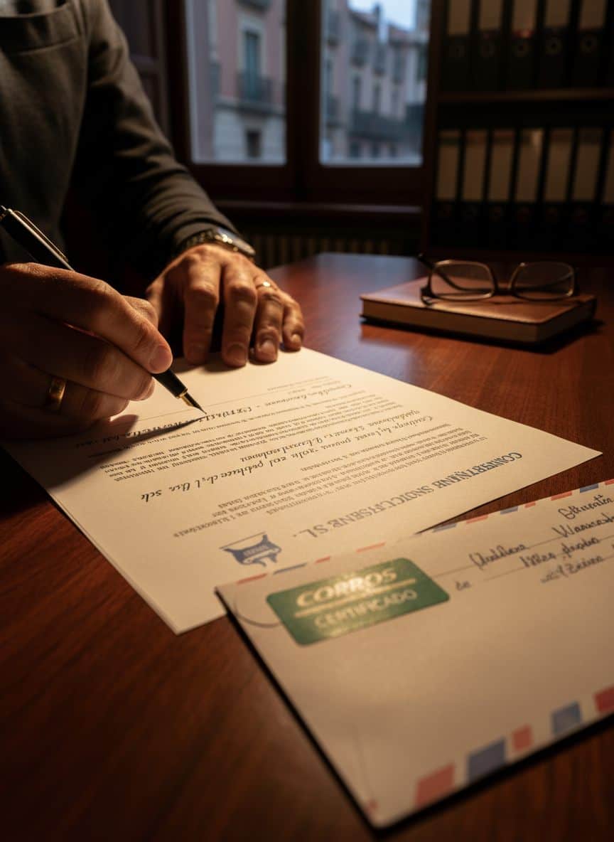 Manos de contratista escribiendo carta de reclamación formal con sobre certificado para impagos