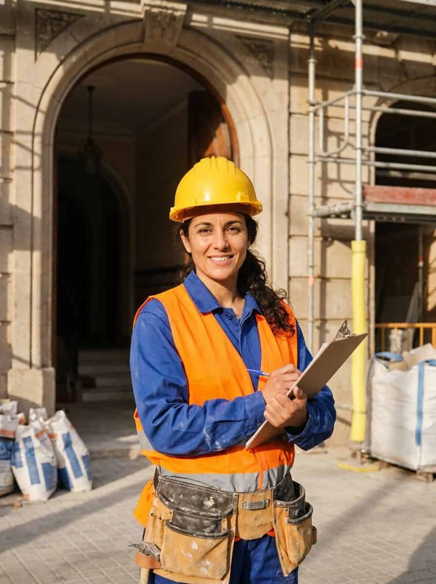 Profesional de construccion espanola con casco y chaleco en una obra de reforma
