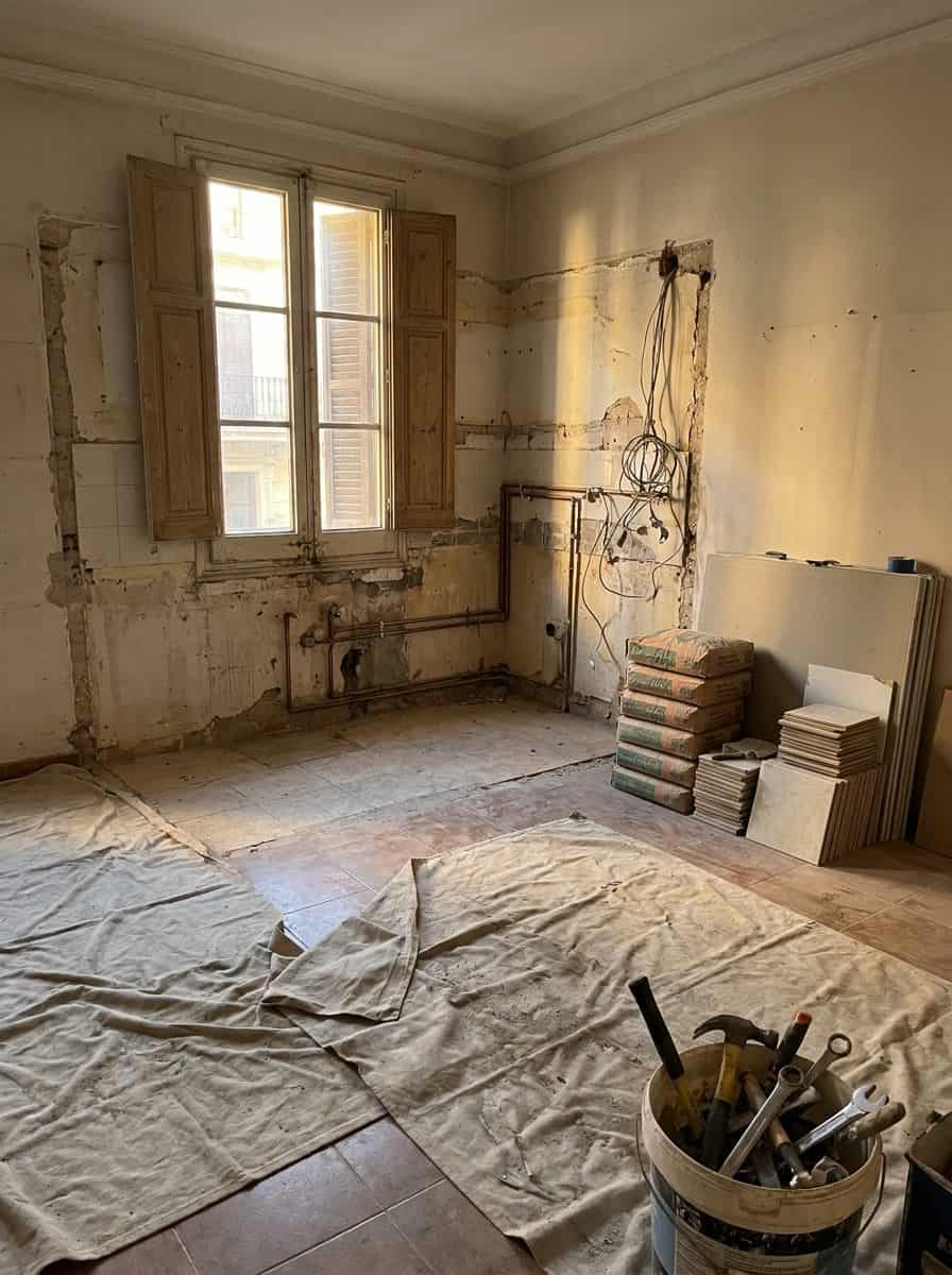 Interior de piso en proceso de reforma integral en Espana con materiales de construccion
