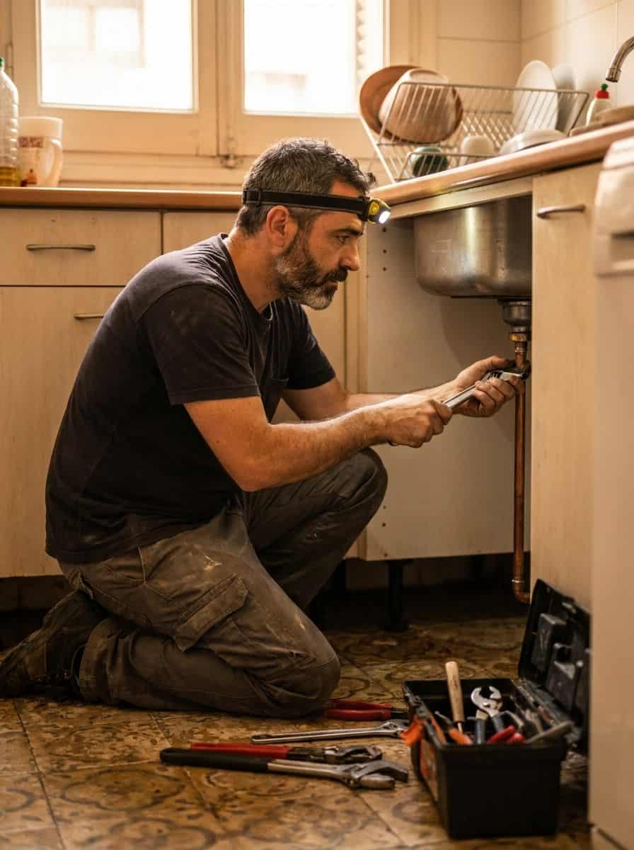 Fontanero autonomo espanol reparando tuberia bajo fregadero de cocina