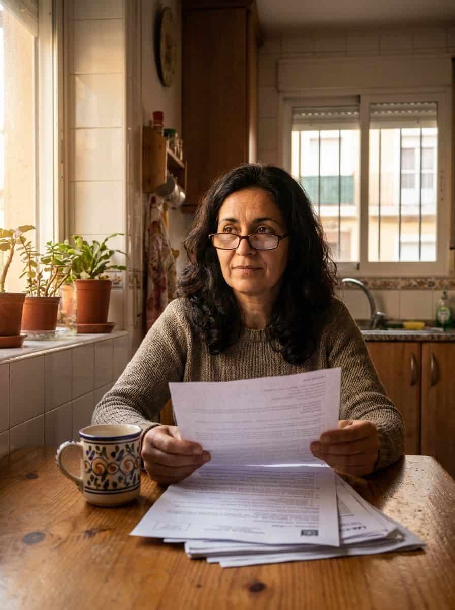 Mujer autonoma espanola leyendo documentacion medica en la cocina de su casa