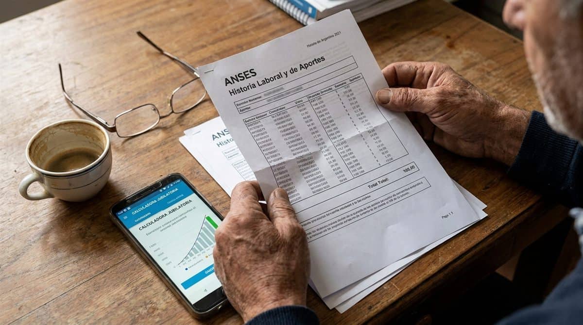 Contratista argentino mayor revisando aportes jubilatorios ANSES en su taller