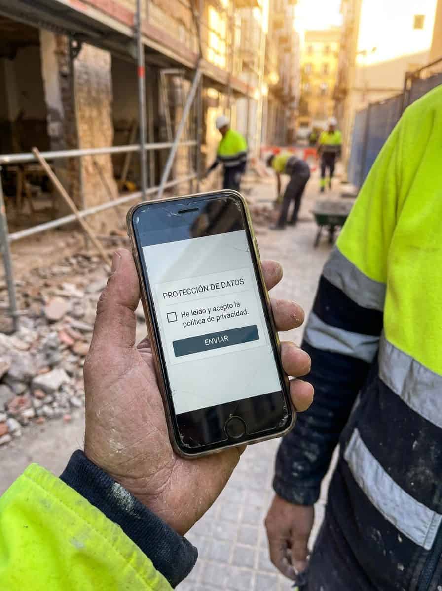 Móvil mostrando formulario de consentimiento RGPD en obra de reforma
