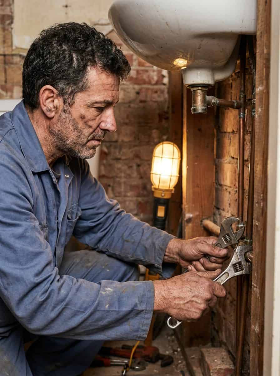 Fontanero instalando tuberías bajo lavabo en reforma de baño