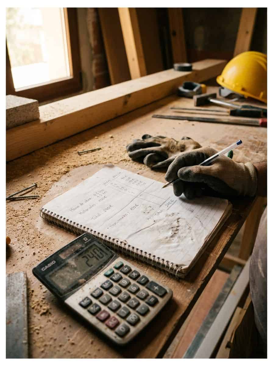 Libreta de presupuestos con columnas de horas y precios junto a calculadora en taller