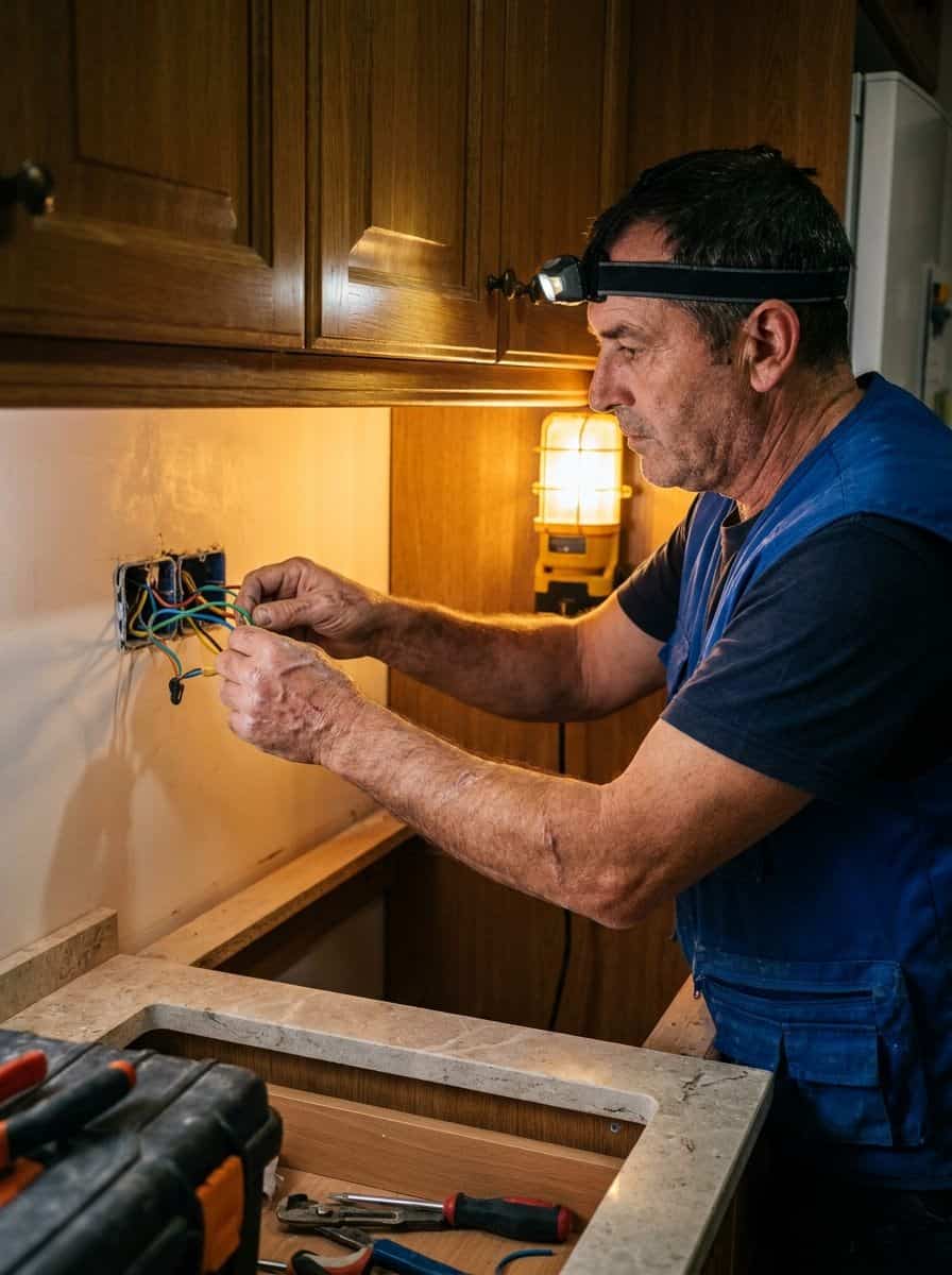Autónomo tomando medidas en cocina con metro láser antes de preparar presupuesto de reforma