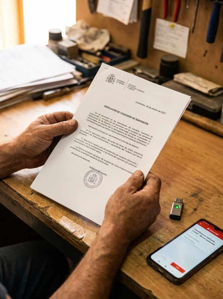 Autónomo rellenando solicitud de ayuda Kit Digital en ordenador con documentación fiscal