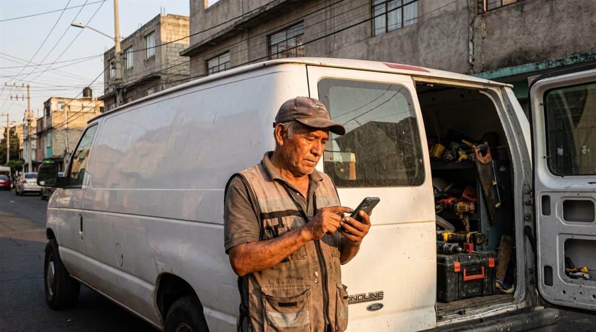 Contratista mexicano calculando costo de desplazamiento en celular junto a camioneta de servicio