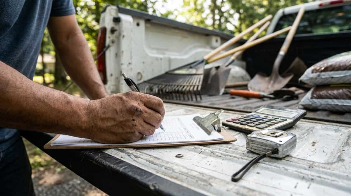 Manos de jardinero escribiendo números en una hoja de cotización sobre la compuerta de una camioneta, calculadora y cinta métrica al lado