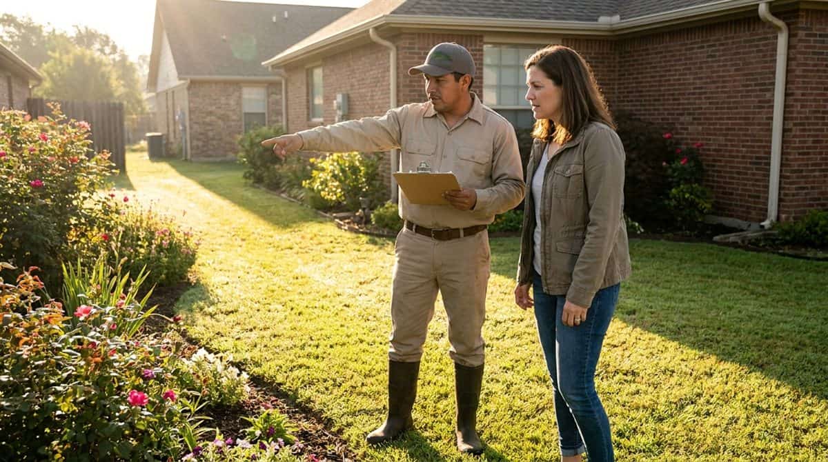 Jardinero latinoamericano recorriendo una propiedad residencial con el dueño de casa, evaluando jardines y áreas verdes con portapapeles