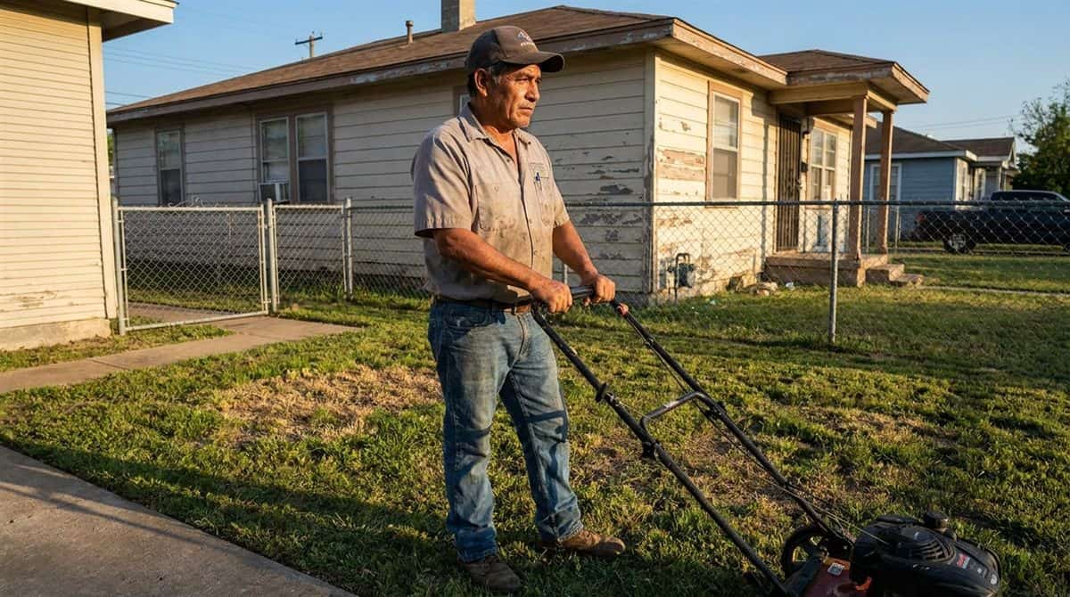 Jardinero latinoamericano con podadora de empuje en patio residencial pequeño, barrio modesto, luz de atardecer